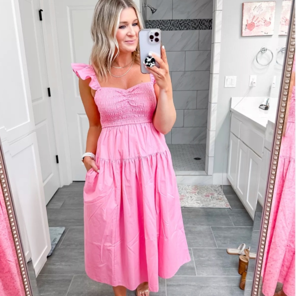 Abercrombie & Fitch Green Pink Ruffle Strap Smocked Midi Dress S